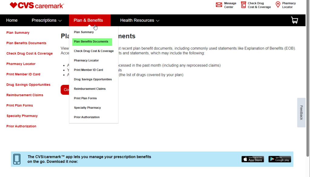 Caremark Website. Plan Documents Page