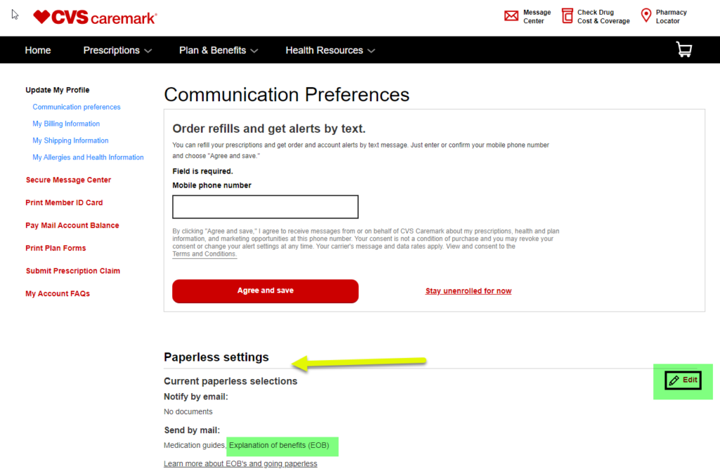 Communication Preferences webpage on Caremark.com