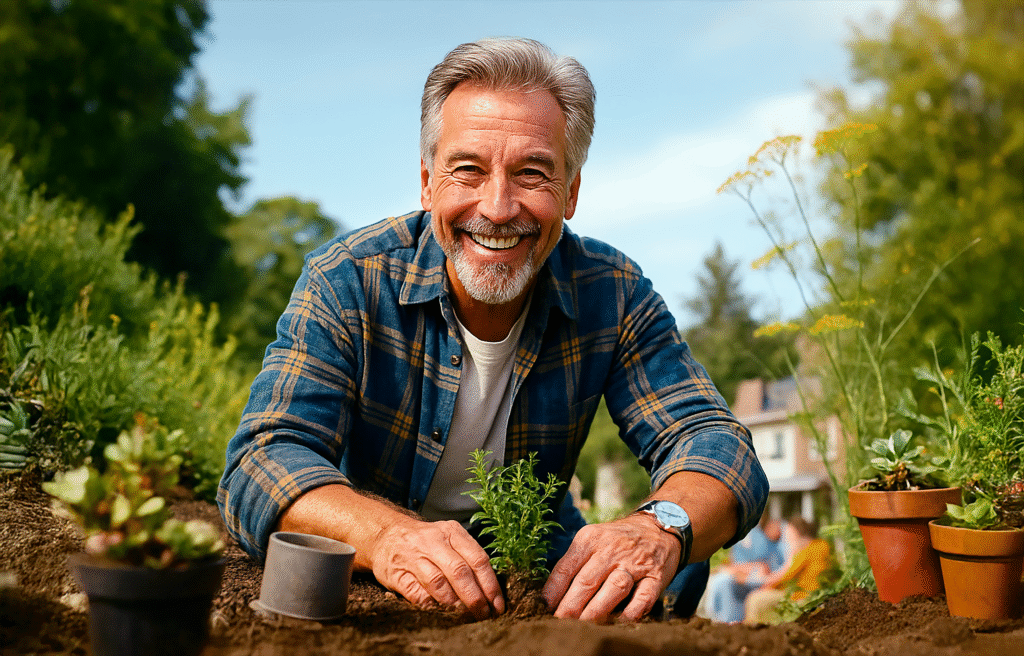 Older man smiling while planting in a garden.